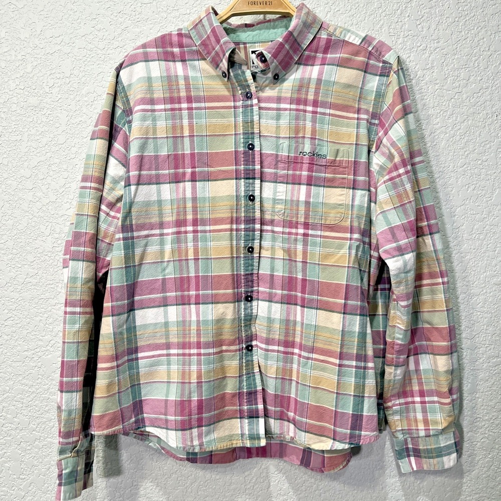 Rockies Button Down Shirt Womens XL Pink Green Plaid Cotton Long Sleeve Casual